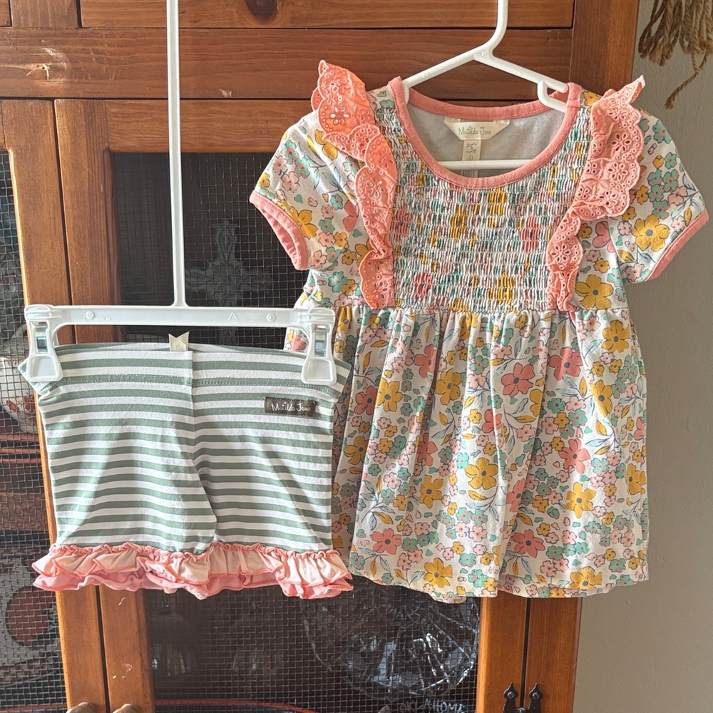 Matilda Jane Floral Smocked Top & Striped Ruffle Shorts in Coral, Yellow, Mint